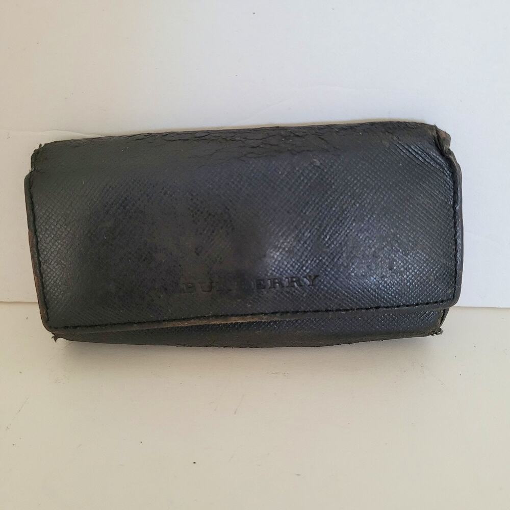 Vintage Burberry Black Leather Key Case Holder Wallet Classic Plaid Interior